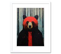 Wall Art Print Hipster Red Bear Artwork Oil Painting Black Blue Artwork Forest Trees Artwork Framed 9X7 Inch Artery8 White W7 inch x H9 inch
