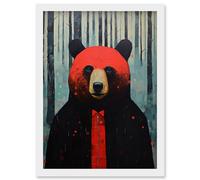 Wall Art Print Hipster Red Bear Artwork Oil Painting Black Blue Artwork Forest Trees Artwork Framed A4 Artery8 White A4