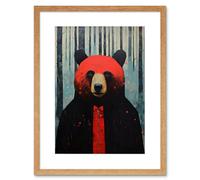 Wall Art Print Hipster Red Bear Artwork Oil Painting Black Blue Artwork Forest Trees Artwork Framed 9X7 Inch Artery8 Beige W7 inch x H9 inch