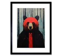 Wall Art Print Hipster Red Bear Artwork Oil Painting Black Blue Artwork Forest Trees Artwork Framed 9X7 Inch Artery8 Black W7 inch x H9 inch