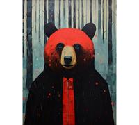 Wall Art Print Hipster Red Bear Artwork Oil Painting Black Blue Artwork Forest Trees Poster Artery8 Multi W24 inch x H32 inch