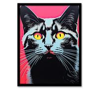 Wall Art Print Hooked on a Feline Vibrant Cat Portrait Pink Orange Blue Graphic Painting Artwork Framed Artery8 Pink W12 inch x H16 inch