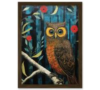 Wall Art Print Horned Owl on Blue Artwork Autumn Tones Detailed Oil Painting Hoot Artwork Framed A4 Artery8 Brown A4