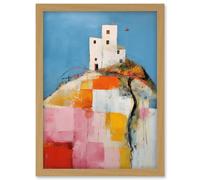 Wall Art Print House on the Hill Oil Painting Abstract Geometric Patchwork Palette Knife Pastel Colour Rural Landscape Artwork Framed A4 Artery8 Light Oak A4