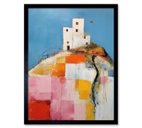 Wall Art Print House on the Hill Oil Painting Abstract Geometric Patchwork Palette Knife Pastel Colour Rural Landscape Art Framed Artery8 Black W12 inch x H16 inch