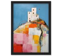 Wall Art Print House on the Hill Oil Painting Abstract Geometric Patchwork Palette Knife Pastel Colour Rural Landscape Artwork Framed A4 Artery8 Black A4