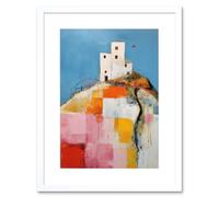 Wall Art Print House on the Hill Oil Painting Abstract Geometric Patchwork Palette Knife Pastel Colour Rural Landscape Artwork Framed 9X7 Inch Artery8 White W7 inch x H9 inch