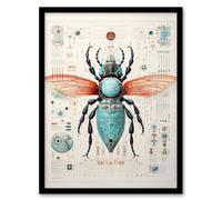Wall Art Print Housefly Bluebottle Robot Hybrid Schematic Blue Futuristic Secret Complex Arcane Manuscript Gift For Him Man Cave Art Framed Artery8 Black W12 inch x H16 inch