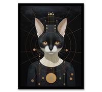 Wall Art Print Interplanetary Cat Queen Oil Painting Conceptual Art Cosmic Empire Ruler Futuristic Feline Portrait Art Framed Wee Blue Coo Black W12 inch x H16 inch