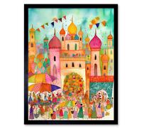Wall Art Print Islam Eid Al-Fitr Feast Folk Art Watercolour Painting Art Framed Artery8 Black W12 inch x H16 inch