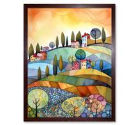 Wall Art Print Italian Countryside Midsummer Landscape Folk Art Framed Artery8 Brown W12 inch x H16 inch