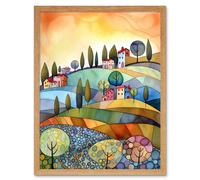 Wall Art Print Italian Countryside Midsummer Landscape Folk Art Framed Artery8 Light Oak W12 inch x H16 inch
