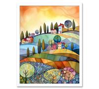 Wall Art Print Italian Countryside Midsummer Landscape Folk Art Framed Artery8 White W12 inch x H16 inch