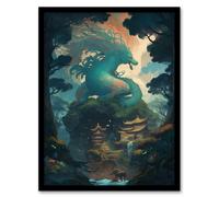 Artery8 Japanese Blue Dragon over Temples Concept Art Painting Green Orange Blue Azure Mythical Creature Guardian Spirit Lush Forest Landscape Artwork Framed Wall Art Print A4