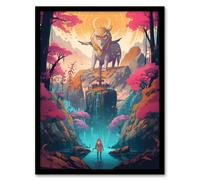 Wall Art Print Japan Yokai Concept Art Painting Mythical Folklore Creature Standing Before Warrior in a Cherry Blossom Forest Landscape Art Framed Artery8 Multi A4