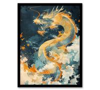 Artery8 Japanese Blue Orange Water Dragon Painting For Living Room Artwork Framed Wall Art Print A4