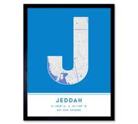 Wall Art Print Jeddah Saudi Arabia City Map Modern Typography Stylish Letter Framed Word Wee Blue Coo Blue W12 inch x H16 inch