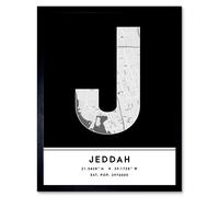 Wall Art Print Jeddah Saudi Arabia City Map Modern Typography Stylish Letter Framed Word Wee Blue Coo Black W12 inch x H16 inch