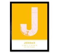 Wall Art Print Jeddah Saudi Arabia City Map Modern Typography Stylish Letter Framed Word Wee Blue Coo Yellow W12 inch x H16 inch