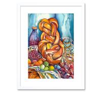 Wall Art Print Jewish Challah Bread And Fruit Folk Art Watercolour Painting Artwork Framed 9X7 Inch Artery8 White W7 inch x H9 inch