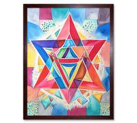 Wall Art Print Jewish Star Of David Bright Multicoloured Folk Art Watercolour Painting Art Framed Artery8 Brown W12 inch x H16 inch
