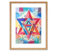 Wall Art Print Jewish Star Of David Bright Multicoloured Folk Art Watercolour Painting Artwork Framed 9X7 Inch Artery8 Beige W7 inch x H9 inch