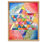 Wall Art Print Jewish Star Of David Patterns Geometric Folk Art Watercolour Painting Art Framed Artery8 Light Oak W12 inch x H16 inch