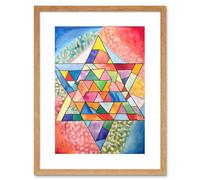 Wall Art Print Jewish Star Of David Patterns Geometric Folk Art Watercolour Painting Artwork Framed 9X7 Inch Artery8 Beige W7 inch x H9 inch