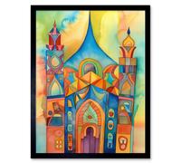 Wall Art Print Jewish Synagogue Building Multicoloured Folk Art Watercolour Painting Art Framed Artery8 Black W12 inch x H16 inch