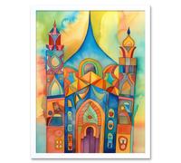 Wall Art Print Jewish Synagogue Building Multicoloured Folk Art Watercolour Painting Art Framed Artery8 White W12 inch x H16 inch