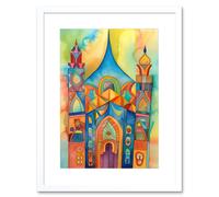Wall Art Print Jewish Synagogue Building Multicoloured Folk Art Watercolour Painting Artwork Framed 9X7 Inch Artery8 White W7 inch x H9 inch