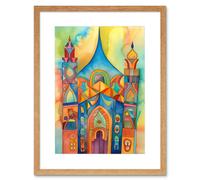 Wall Art Print Jewish Synagogue Building Multicoloured Folk Art Watercolour Painting Artwork Framed 9X7 Inch Artery8 Beige W7 inch x H9 inch