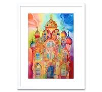 Wall Art Print Jewish Synagogue Decorated Building Vibrant Folk Art Watercolour Painting Artwork Framed 9X7 Inch Artery8 White W7 inch x H9 inch