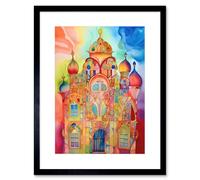 Wall Art Print Jewish Synagogue Decorated Building Vibrant Folk Art Watercolour Painting Artwork Framed 9X7 Inch Artery8 Black W7 inch x H9 inch