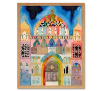 Wall Art Print Jewish Synagogue Decorated Facade Folk Art Watercolour Painting Art Framed Artery8 Light Oak W12 inch x H16 inch