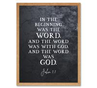 Wall Art Print John 1:1 The Word Was God Christian Bible Verse Quote Scripture Typography Art Framed Artery8 Light Oak W12 inch x H16 inch