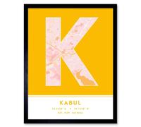 Wall Art Print Kabul Afghanistan City Map Modern Typography Stylish Letter Framed Word Wee Blue Coo Yellow W12 inch x H16 inch