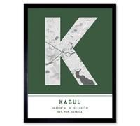 Wall Art Print Kabul Afghanistan City Map Modern Typography Stylish Letter Framed Word Wee Blue Coo Green W12 inch x H16 inch