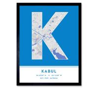 Wall Art Print Kabul Afghanistan City Map Modern Typography Stylish Letter Framed Word Wee Blue Coo Blue W12 inch x H16 inch