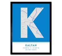 Wall Art Print Kalyan India City Map Modern Typography Stylish Letter Framed Word Wee Blue Coo Blue W12 inch x H16 inch