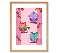 Wall Art Print Kawaii Owls Tree Art Framed 9x7 inch Artery8 Beige W7 inch x H9 inch
