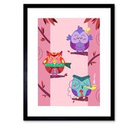 Wall Art Print Kawaii Owls Tree Art Framed 9x7 inch Artery8 Black W7 inch x H9 inch
