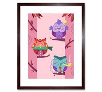 Wall Art Print Kawaii Owls Tree Art Framed 9x7 inch Artery8 Brown W7 inch x H9 inch