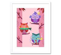 Wall Art Print Kawaii Owls Tree Art Framed 9x7 inch Artery8 White W7 inch x H9 inch