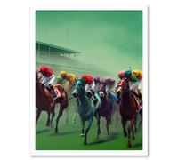 Wall Art Print Kentucky Derby Horse Racing Jockeys Modern Oil Painting Art Framed Artery8 White W12 inch x H16 inch
