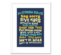 Wall Art Print Kids Playroom Rules Fun Blue Framed Artery8 White W7 inch x H9 inch