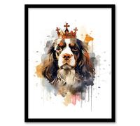 Wall Art Print King Charles Spaniel with Crown Dog Lovers Gift Watercolour Pet Portrait Painting Artwork Art Framed Artery8 Multi A4