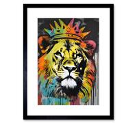 Wall Art Print King Lion wearing Crown Modern Stencil Graffiti Artwork Framed 9X7 Inch Artery8 Black W7 inch x H9 inch