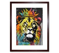 Wall Art Print King Lion wearing Crown Modern Stencil Graffiti Artwork Framed 9X7 Inch Artery8 Brown W7 inch x H9 inch