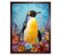 Wall Art Print King Penguin in Colourful Floral Flowers Nest Thick Paint Oil Painting Yellow Black Blue Colourful Artwork Art Framed Artery8 Brown W12 inch x H16 inch